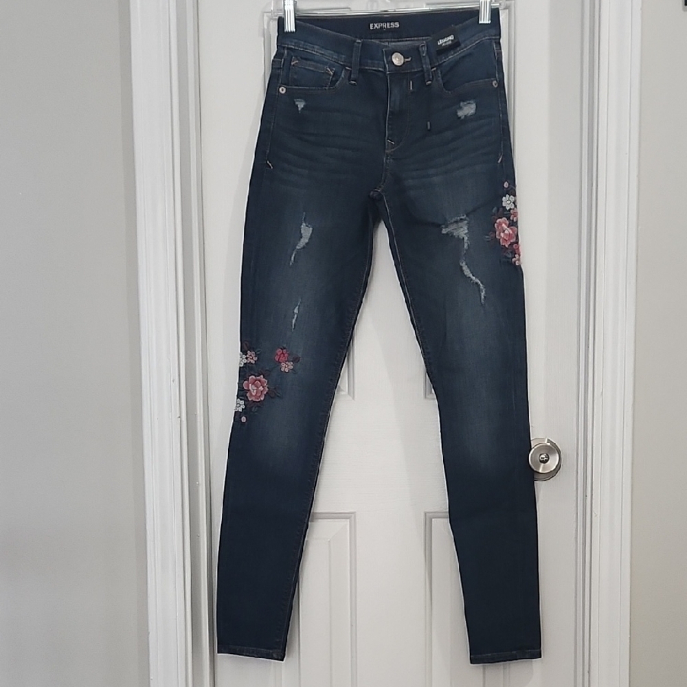 Express Blue Skinny Jeans with Floral Embroidery